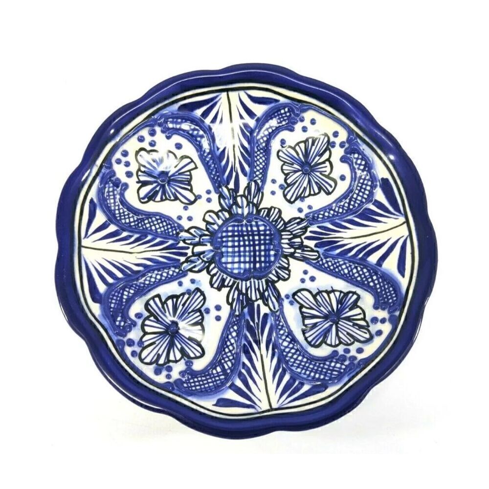 Alba Mexico Cobalt Blue Floral Hand Painted Embossed Small Dish Bowl 7 in.